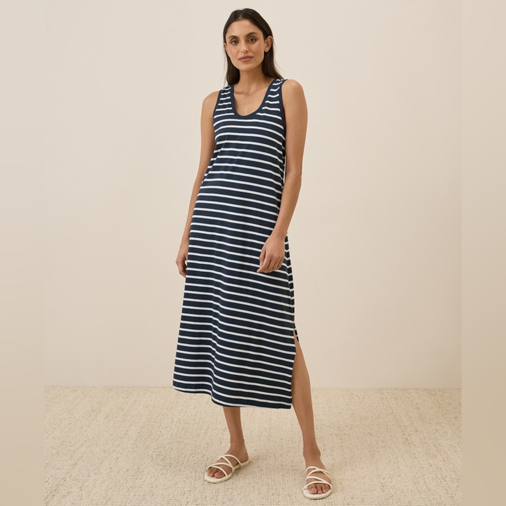 Pact Navy and White Striped Midi Tank Dress